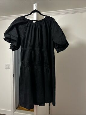 Black Puff Sleeve Tiered Casual Midi Dress